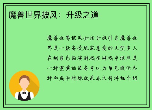 魔兽世界披风：升级之道